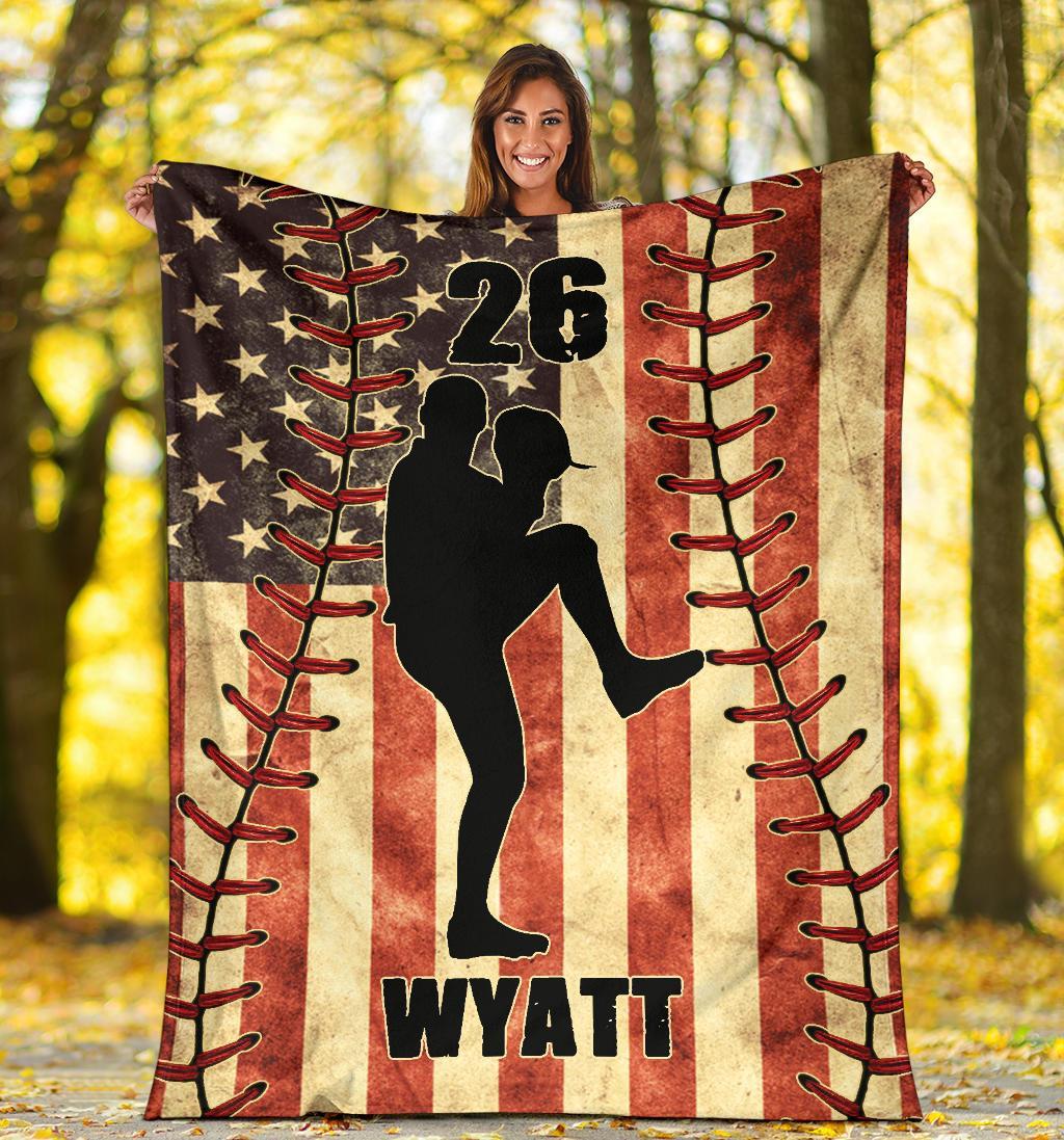 litzzy Personalized Baseball Player American Flag Fleece Blanket - Nh1811201 Quilt Blanket   