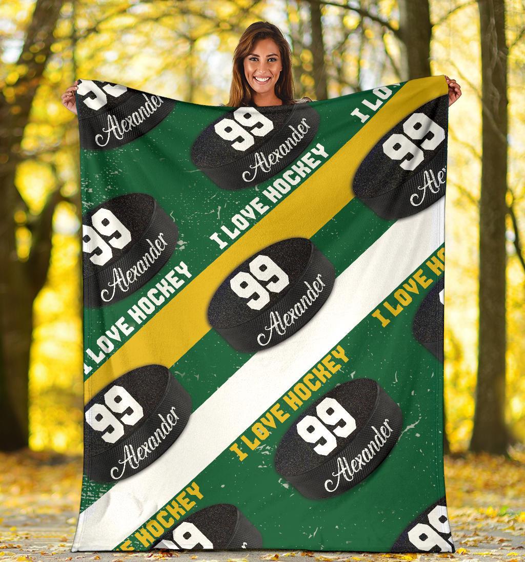 litzzy Personalized I Love Hockey Fleece Blanket - Latg1911202 Quilt Blanket GREEN YELLOW WHITE 50 X 60 
