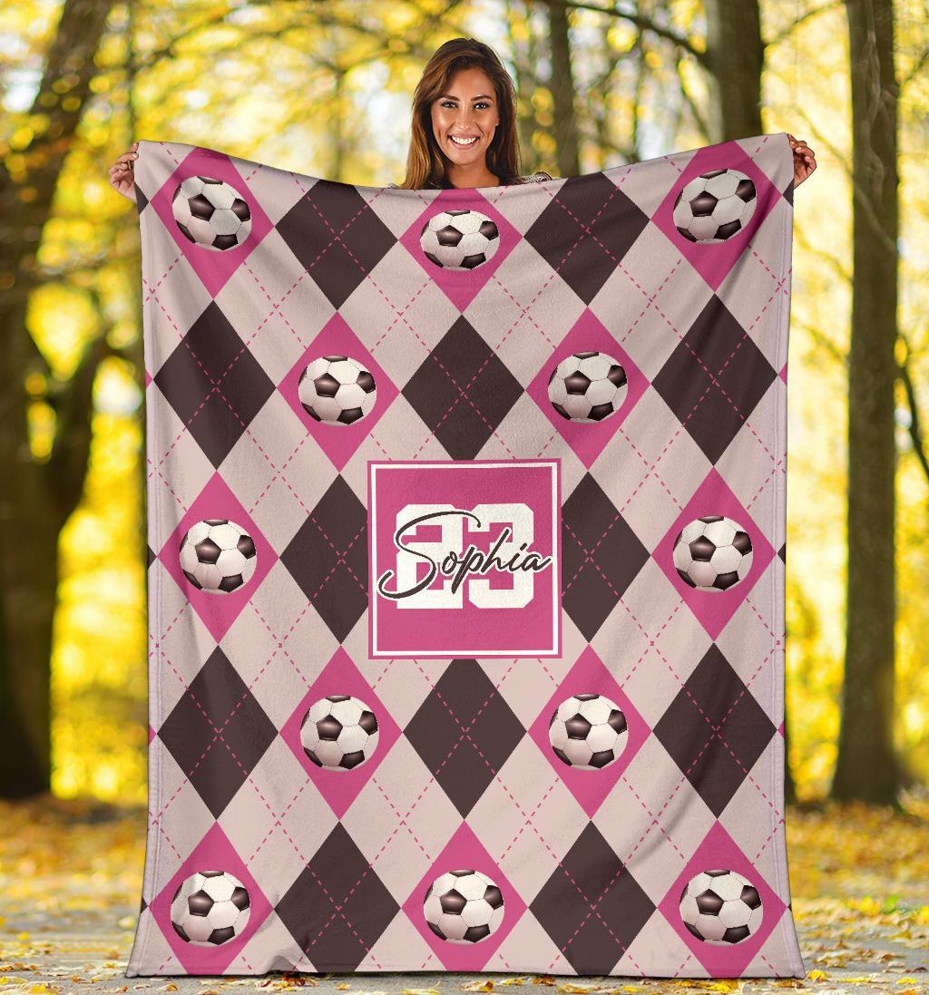 litzzy Personalized Soccer Argyle Pattern Fleece Blanket - Tlno2311201 Quilt Blanket PINK 50 X 60 