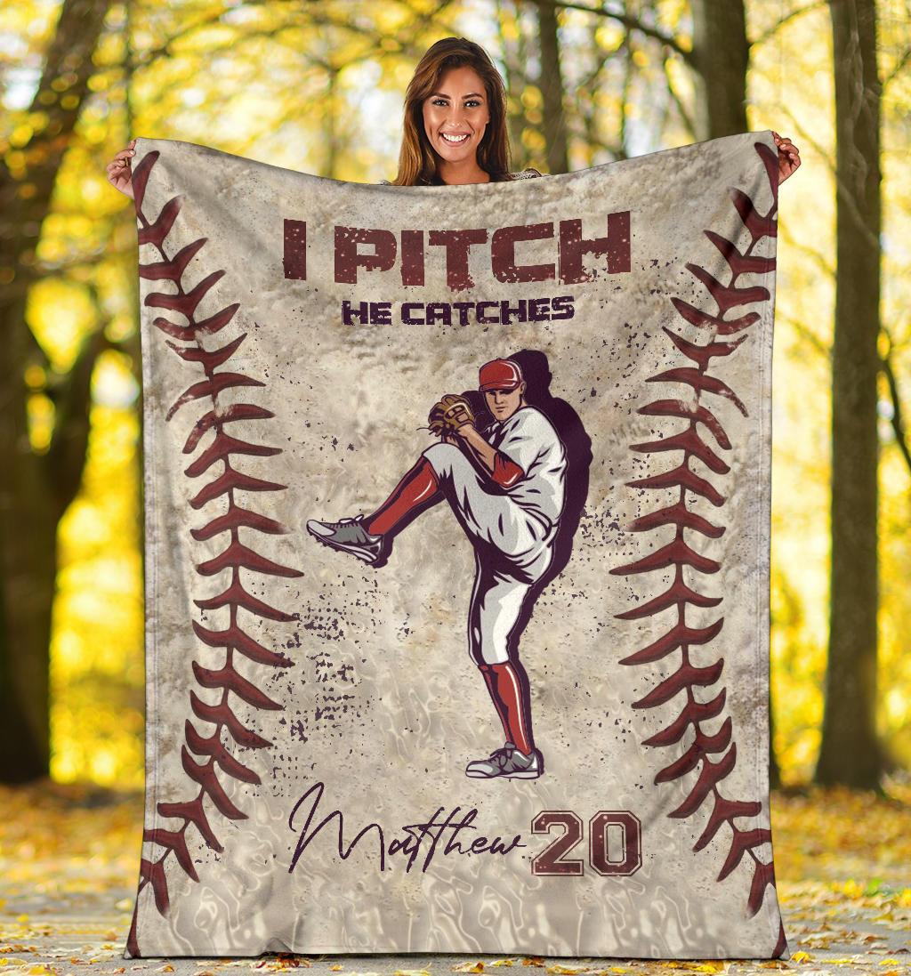 litzzy Personalized Pitcher Catcher Baseball Fleece Blanket - Lath1611203 Quilt Blanket   