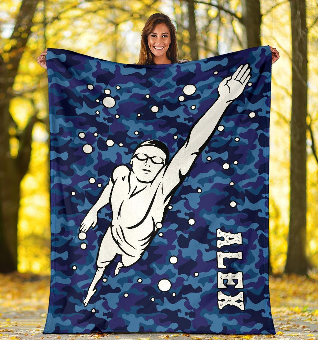 litzzy Personalized Swimming Blue Camouflage Fleece Blanket - Tlno0911203 Quilt Blanket   