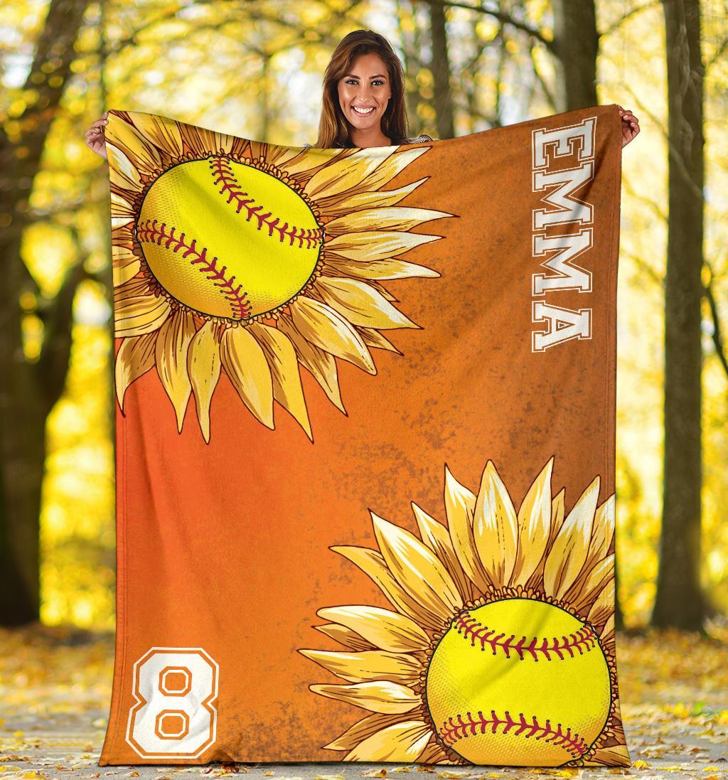 litzzy Personalized Softball Sunflower Fleece Blanket - Laci2411202 Quilt Blanket ORANGE 50 X 60 