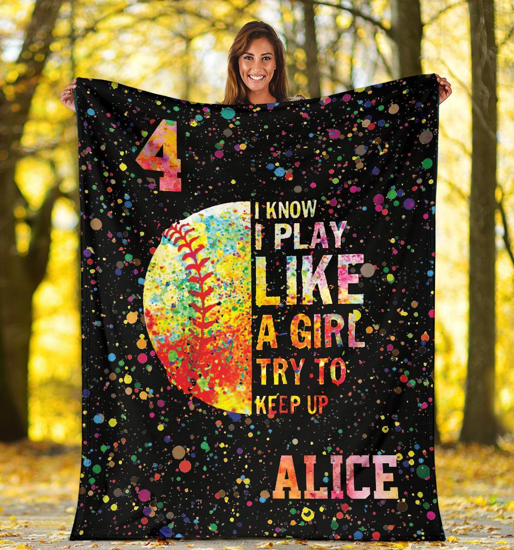 litzzy Personalized I Play Like A Girl Softball Fleece Blanket - Tltm16111201 Quilt Blanket   