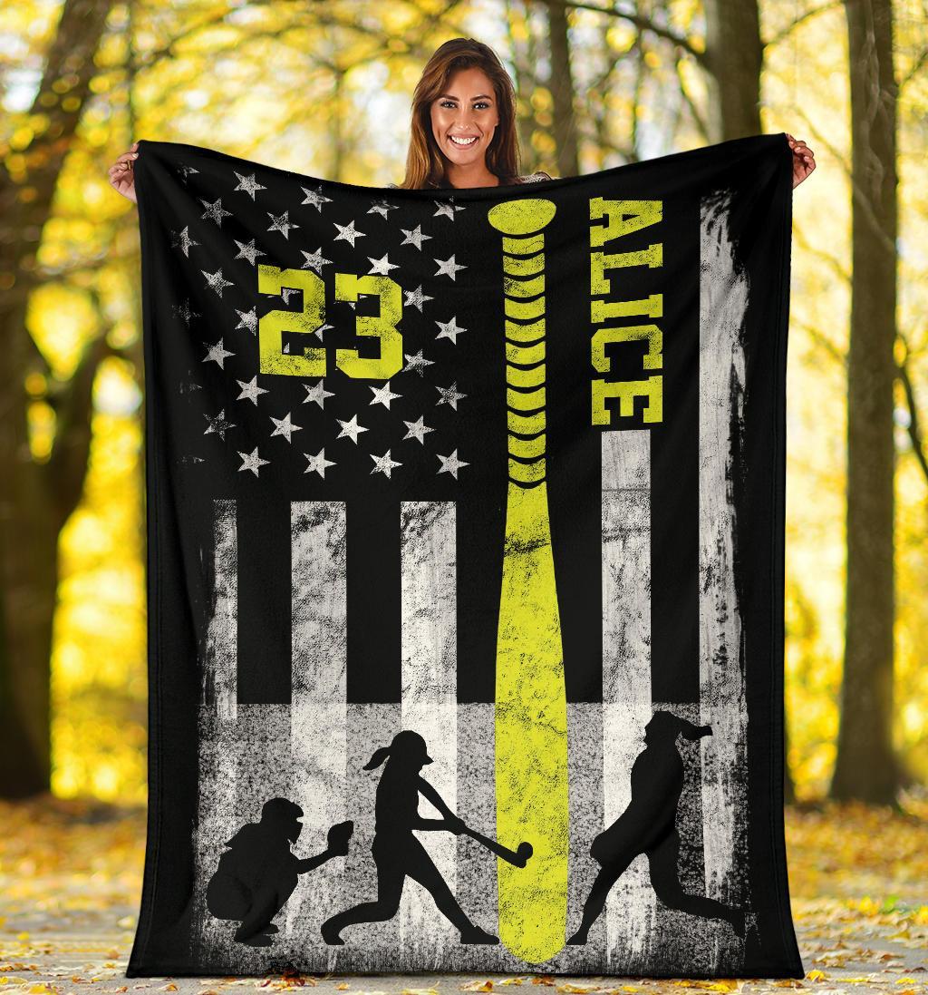 litzzy Personalized Softball Bat Flag Fleece Blanket - Tltm2511201 Quilt Blanket   