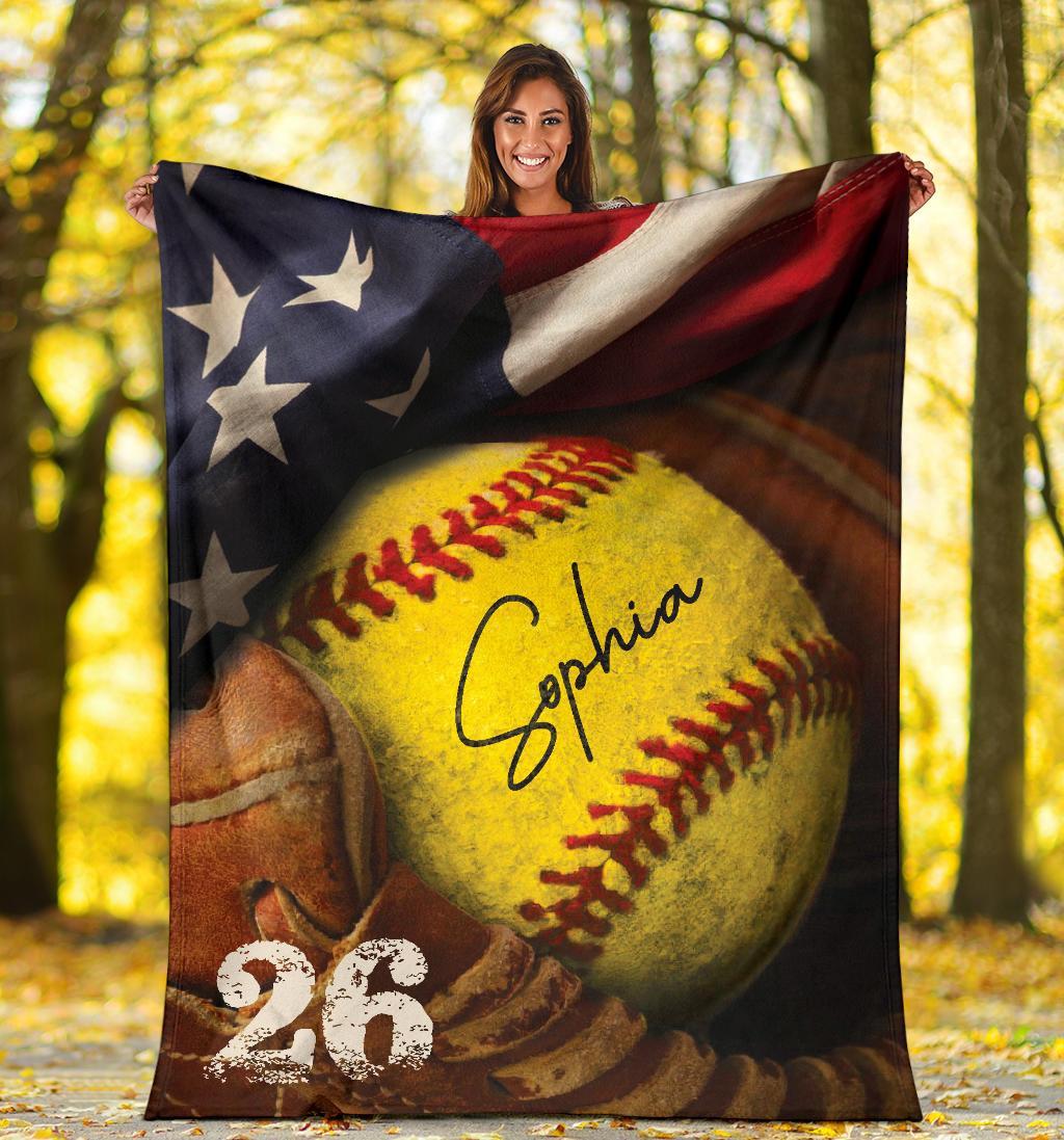 litzzy Personalized Softball Glove Corner Flag Fleece Blanket - Tlno1011203 Quilt Blanket   