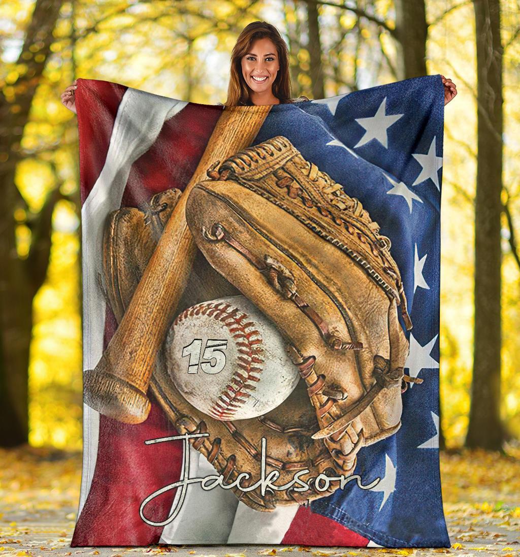 litzzy Personalized Baseball Glove Bat Flag Fleece Blanket - Tltm1411202 Quilt Blanket   