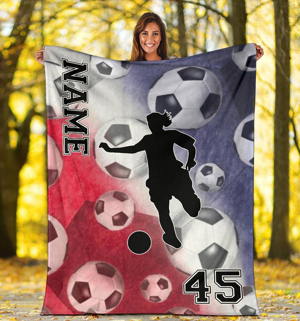 litzzy Personalized Red White Blue Soccer Silhouette Fleece Blanket - Tlnh0212201 Quilt Blanket   