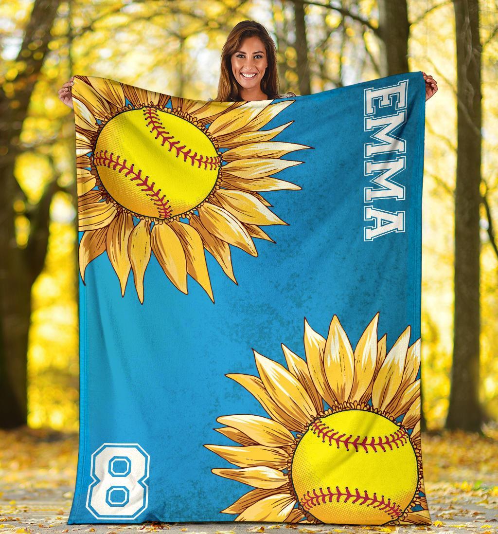 litzzy Personalized Softball Sunflower Fleece Blanket - Laci2411202 Quilt Blanket BLUE 50 X 60 