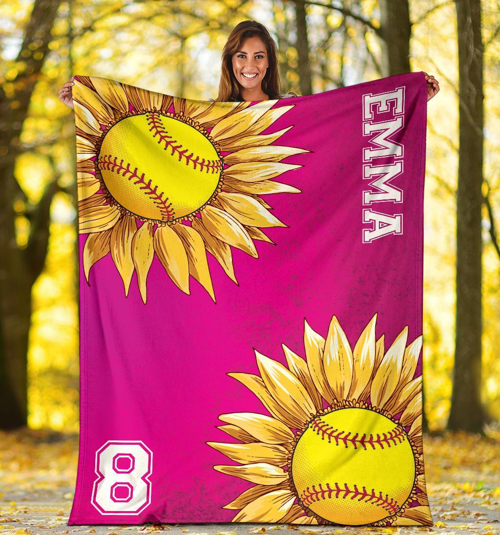 litzzy Personalized Softball Sunflower Fleece Blanket - Laci2411202 Quilt Blanket PINK 50 X 60 