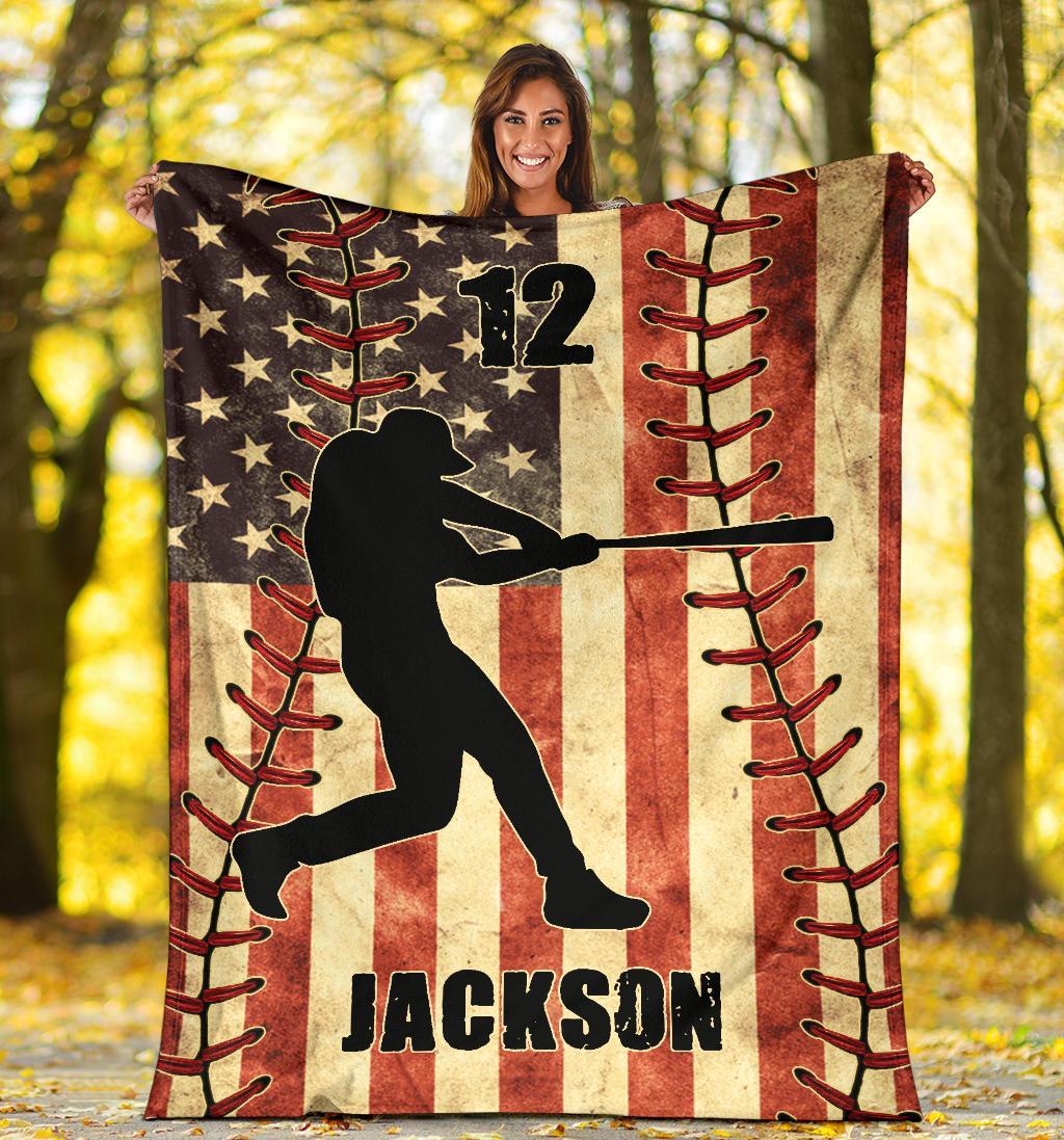 litzzy Personalized Baseball Player American Flag Fleece Blanket - Nh1811201 Quilt Blanket   