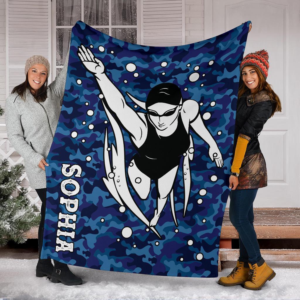 litzzy Personalized Swimming Blue Camouflage Fleece Blanket - Tlno0911203 Quilt Blanket   