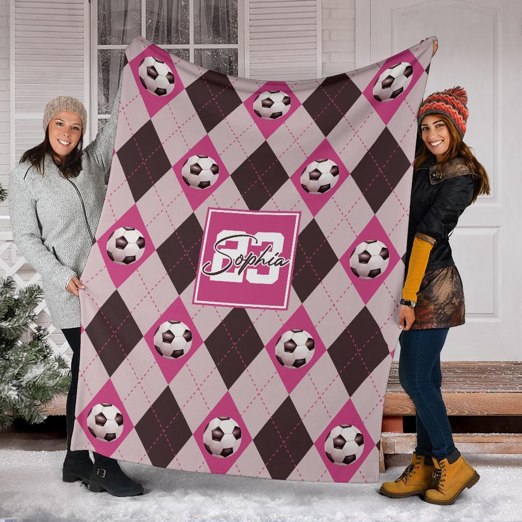 litzzy Personalized Soccer Argyle Pattern Fleece Blanket - Tlno2311201 Quilt Blanket PINK 60 X 80 