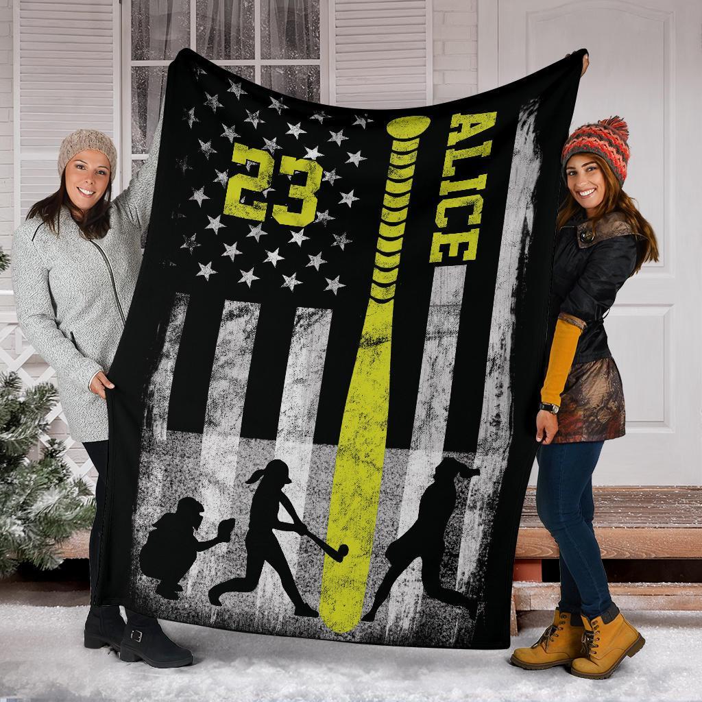 litzzy Personalized Softball Bat Flag Fleece Blanket - Tltm2511201 Quilt Blanket   