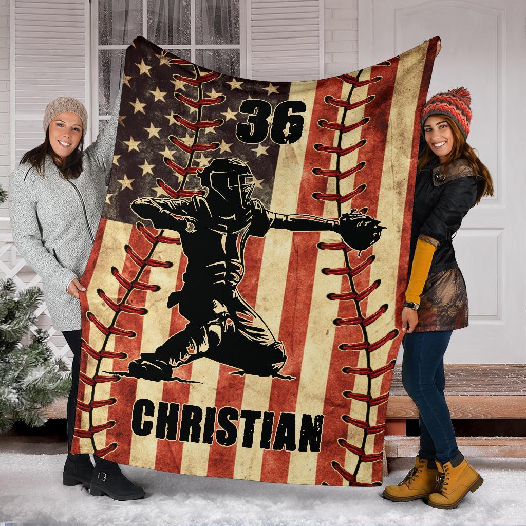 litzzy Personalized Baseball Player American Flag Fleece Blanket - Nh1811201 Quilt Blanket CATCHER 60 X 80 