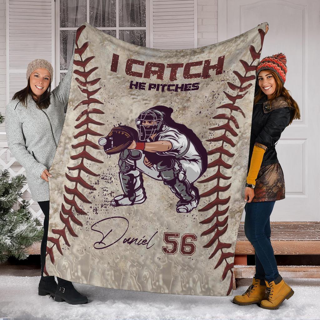 litzzy Personalized Pitcher Catcher Baseball Fleece Blanket - Lath1611203 Quilt Blanket   
