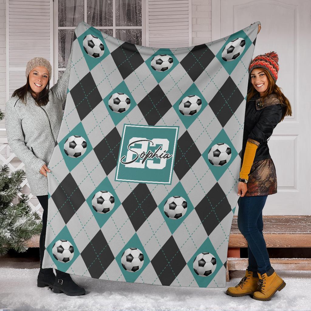 litzzy Personalized Soccer Argyle Pattern Fleece Blanket - Tlno2311201 Quilt Blanket TEAL 50 X 60 