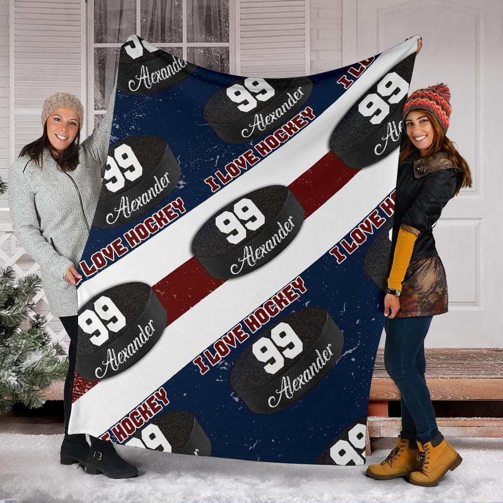 litzzy Personalized I Love Hockey Fleece Blanket - Latg1911202 Quilt Blanket BLUE WHITE RED 60 X 80 