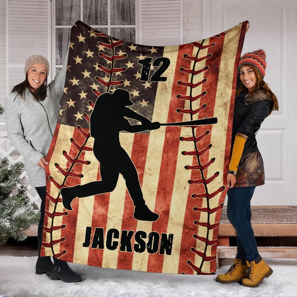 litzzy Personalized Baseball Player American Flag Fleece Blanket - Nh1811201 Quilt Blanket   