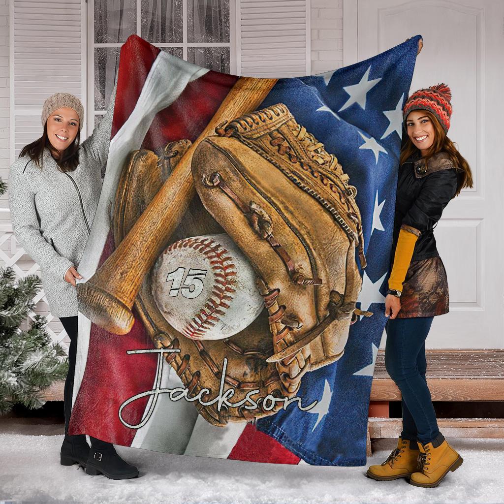 litzzy Personalized Baseball Glove Bat Flag Fleece Blanket - Tltm1411202 Quilt Blanket   