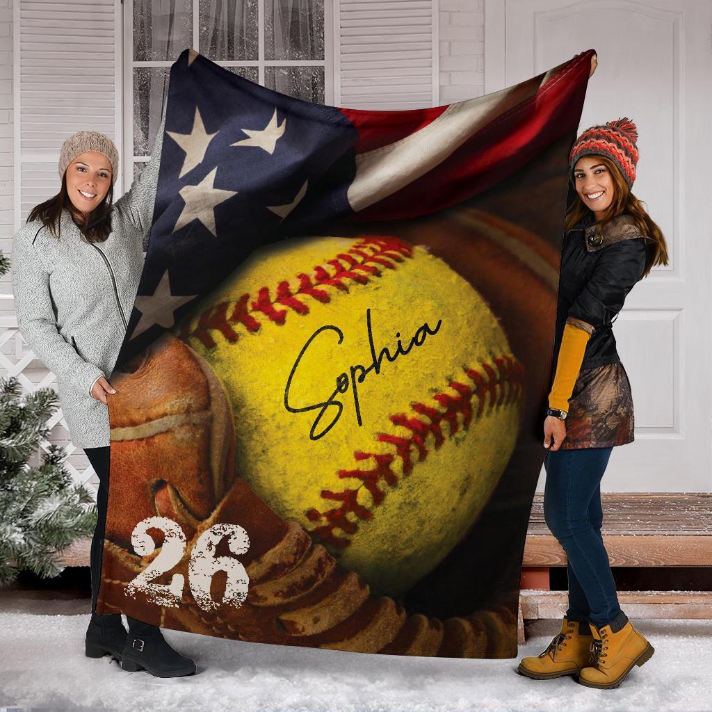 litzzy Personalized Softball Glove Corner Flag Fleece Blanket - Tlno1011203 Quilt Blanket   
