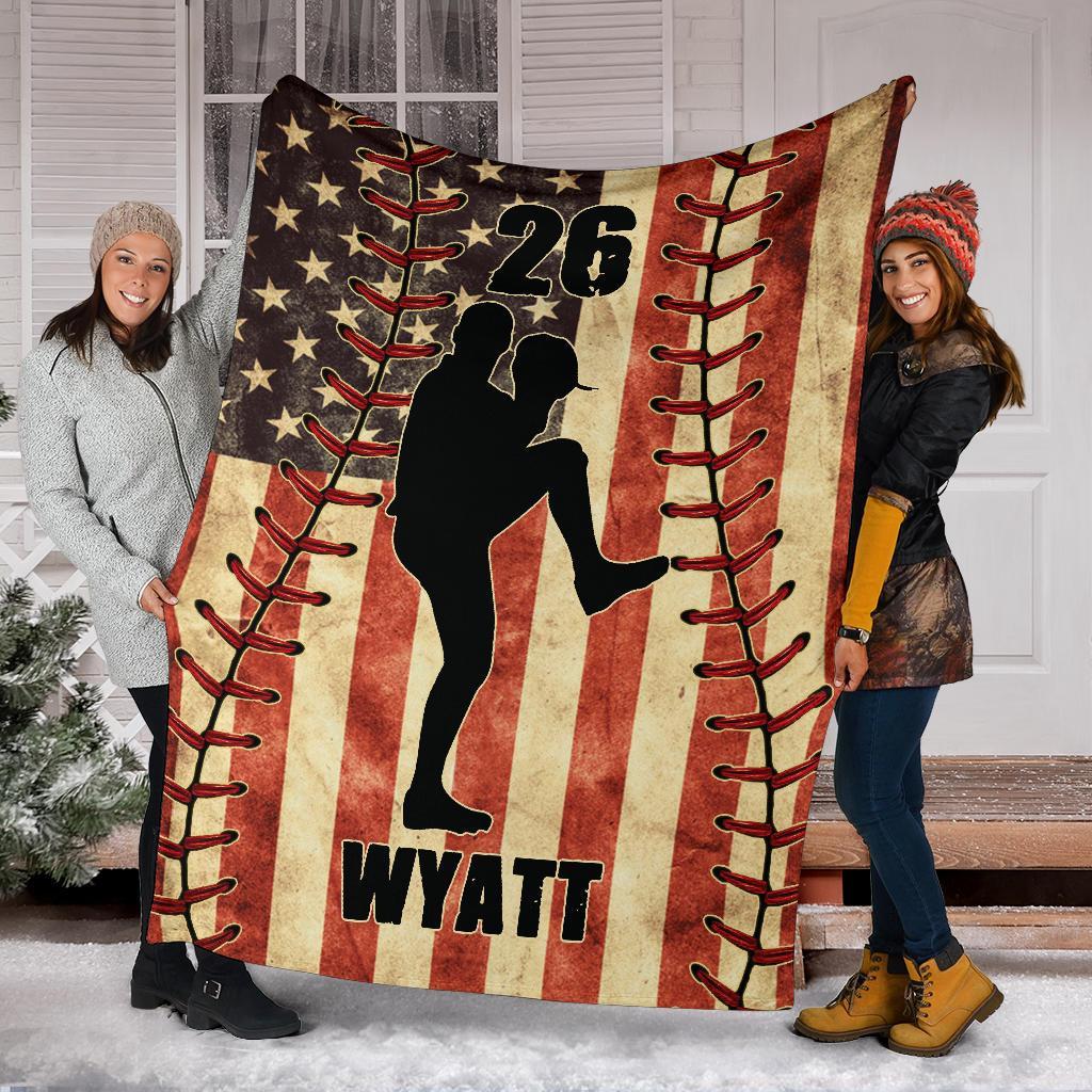 litzzy Personalized Baseball Player American Flag Fleece Blanket - Nh1811201 Quilt Blanket PITCHER 60 X 80 