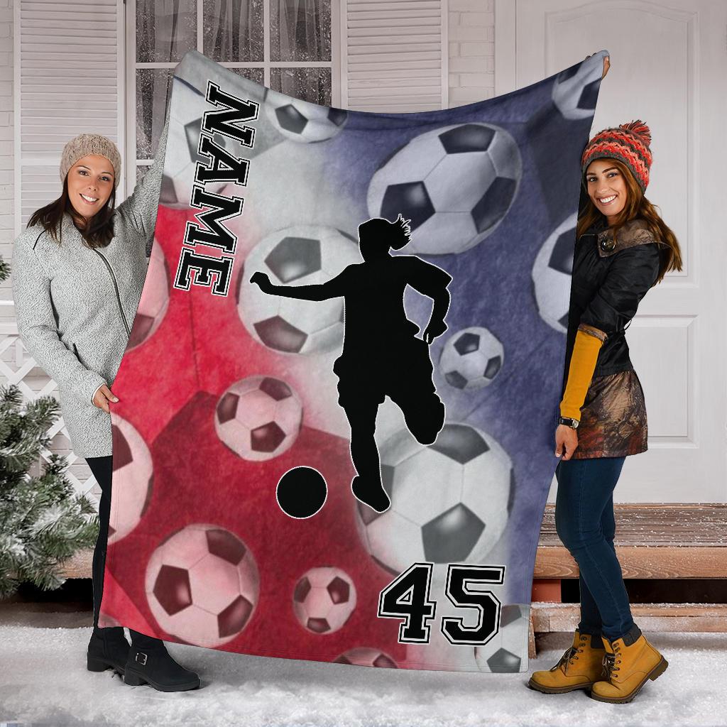 litzzy Personalized Red White Blue Soccer Silhouette Fleece Blanket - Tlnh0212201 Quilt Blanket   