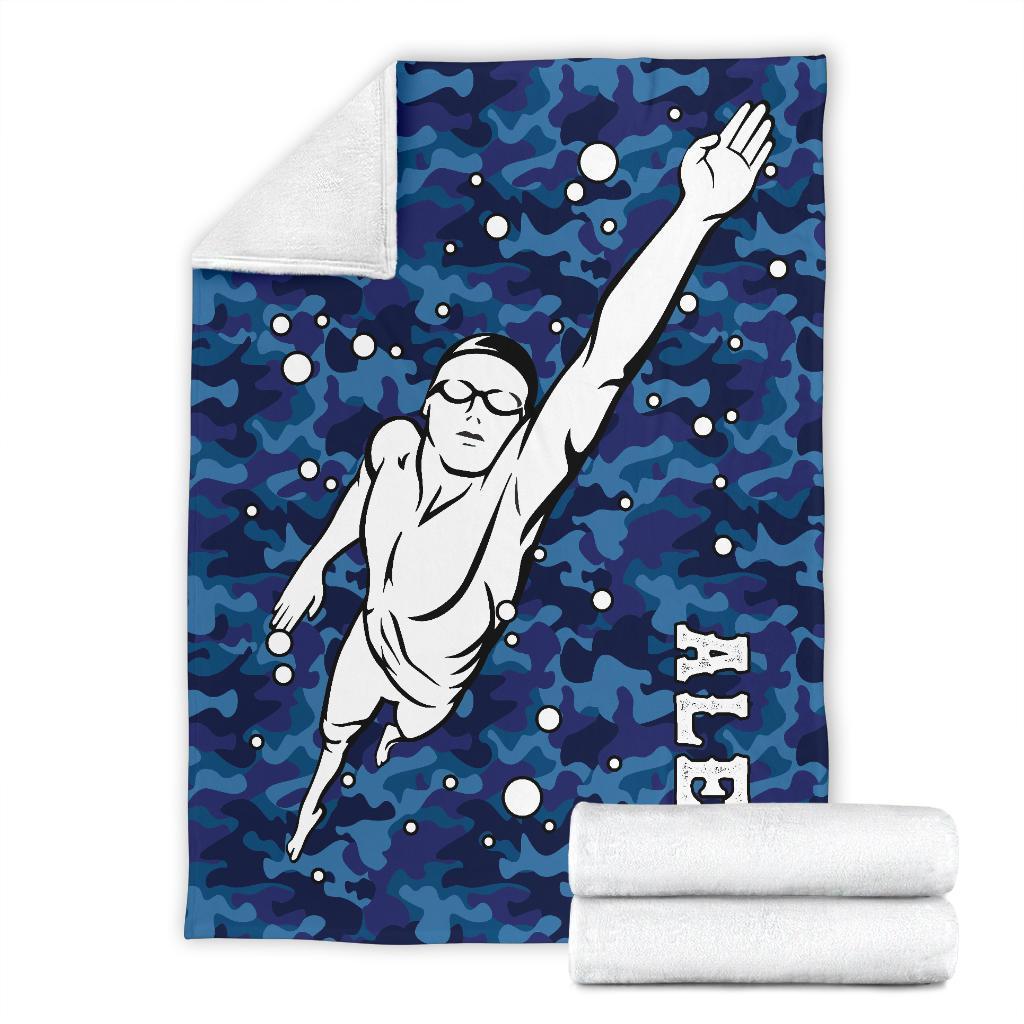 litzzy Personalized Swimming Blue Camouflage Fleece Blanket - Tlno0911203 Quilt Blanket   