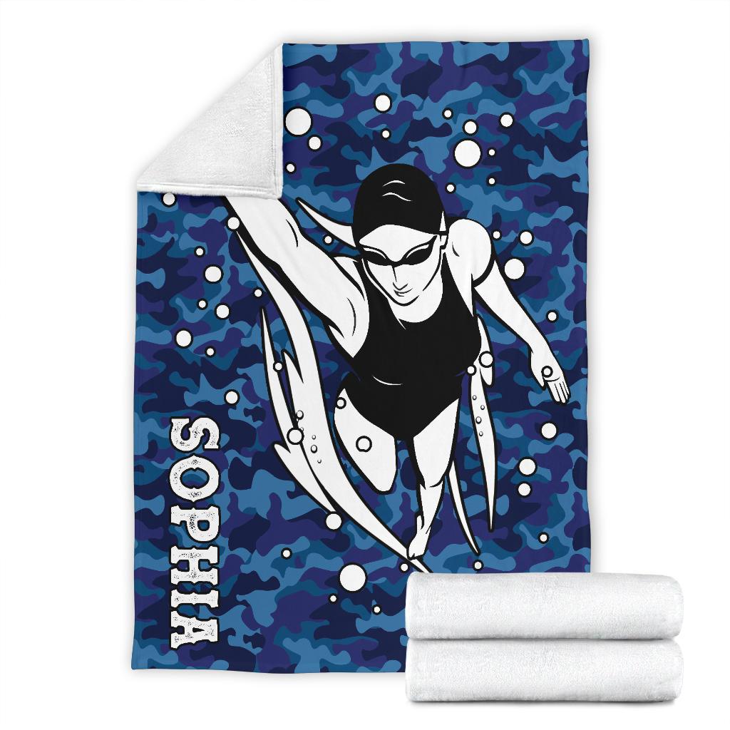 litzzy Personalized Swimming Blue Camouflage Fleece Blanket - Tlno0911203 Quilt Blanket   