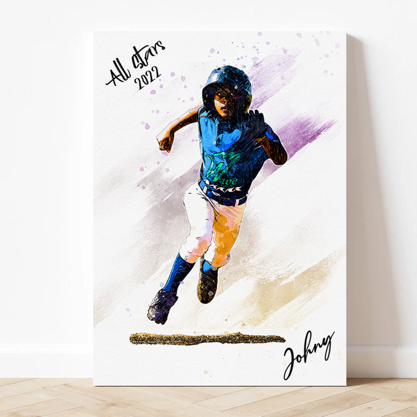 litzzy Baseball Watercolor Personalized Gift, Baseball Custom Canvas Wall Art for Living Room Canvas Wall Art Wrapped Canvas 11"x14" 