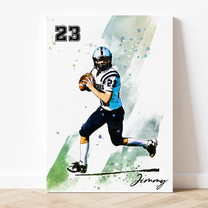 litzzy Football Watercolor Personalized Gift, Football Custom Canvas Wall Art for Living Room Canvas Wall Art Wrapped Canvas 11"x14" 