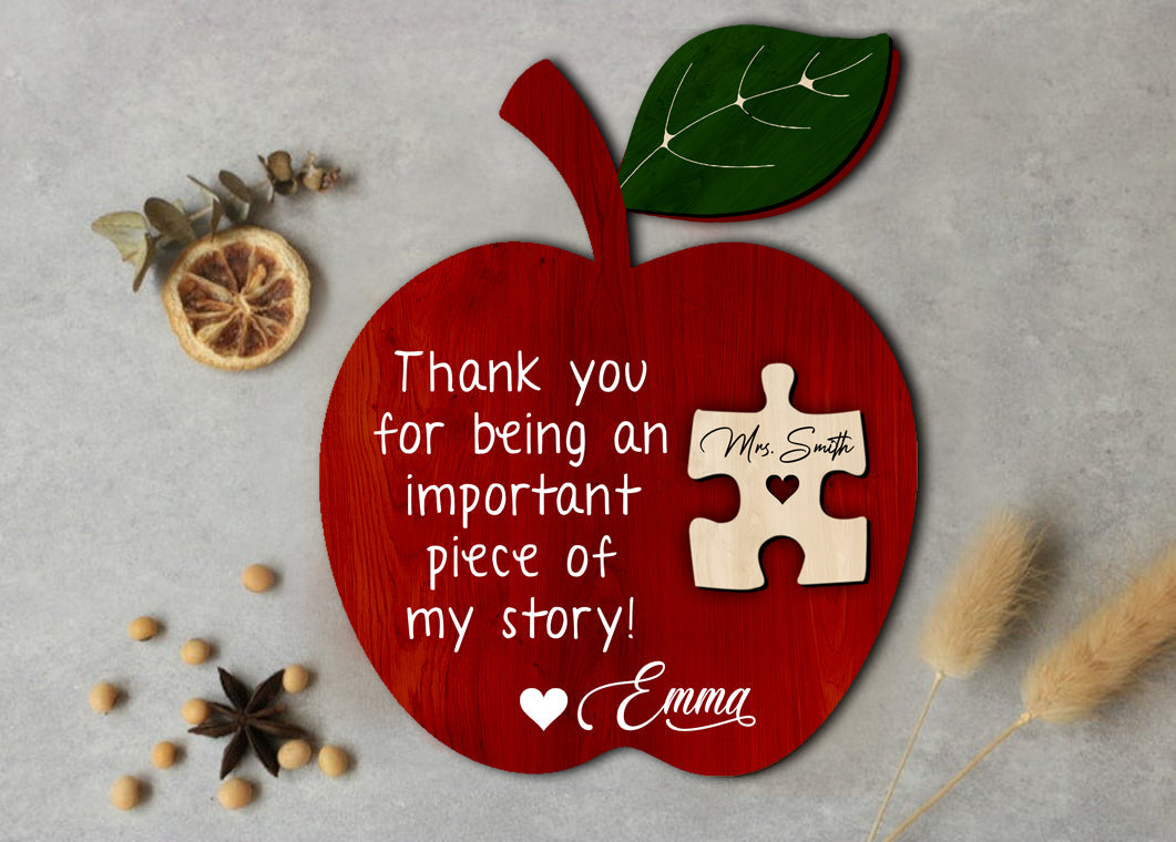 litzzy Personalized Teacher Gift, Teacher Appreciation Gifts, Apple Puzzle Piece Sign, End of Year Gifts Personalized, Gift Ideas Daycare Preschool Custom Wooden Sign   
