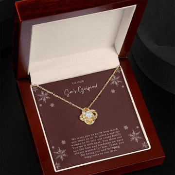 litzzy To My Son's Girlfriend Necklace - Thanks You For Being You And Bringing Happened To Our Lives - Gift for Sons Girlfriend, Anniversary Gift To Son's Girlfriend , Birthday Gift For Son's Girlfriend - Litzzy Love Knot Necklace Jewelry 18k Yellow Gold Finish Mahogany Luxury Box 