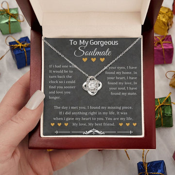litzzy To My Soulmate - Gifts Necklace For Wife From Husband - Couple Gifts Valentines, Birthday, Anniversary Gifts - Litzzy Love Knot Necklace Jewelry 14K White Gold Finish Mahogany Luxury Box 