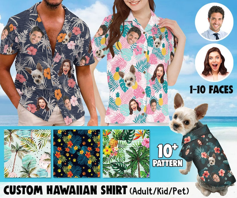 litzzy Custom Photo Hawaii Tropical Shirt With Face, Casual Button-Down Hawaii Shirt, Personalized Name Shirt For Human And Pet, Summer Party Shirt Hawaii Shirt   
