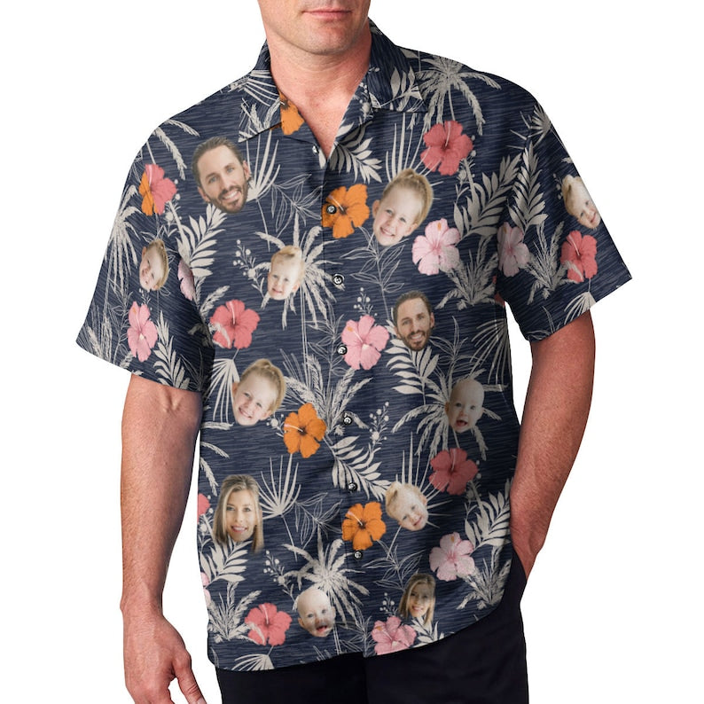 litzzy Custom Photo Hawaii Tropical Shirt With Face, Casual Button-Down Hawaii Shirt, Personalized Name Shirt For Human And Pet, Summer Party Shirt Hawaii Shirt   