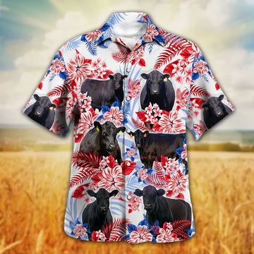 litzzy America Flag Cow Hawaiian Shirt - Black Angus Hawaii Shirt   