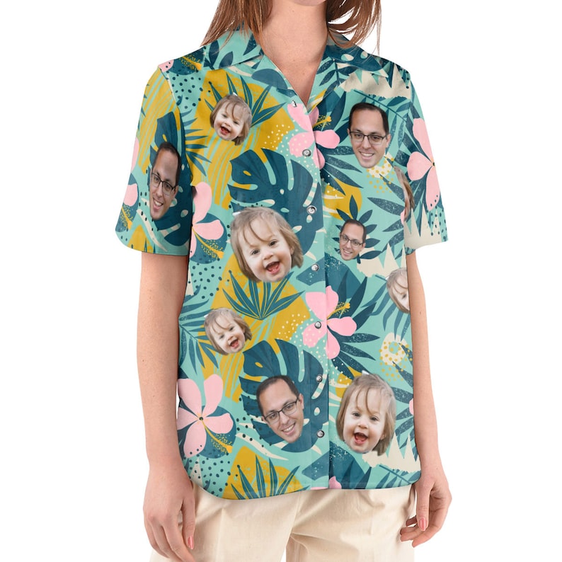 litzzy Custom Photo Hawaii Tropical Shirt With Face, Casual Button-Down Hawaii Shirt, Personalized Name Shirt For Human And Pet, Summer Party Shirt Hawaii Shirt   