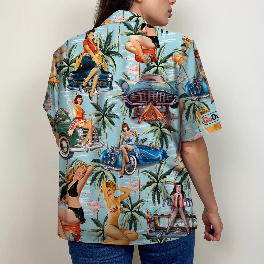 litzzy Classic Car Pinup Girl Shirt and Beach Shorts - Gift For Car Lovers Hawaiian Shirt For Men, Woman, Litzzy Aloha Shirt Hawaii Shirt   