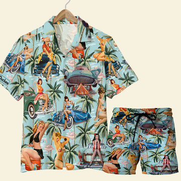 litzzy Classic Car Pinup Girl Shirt and Beach Shorts - Gift For Car Lovers Hawaiian Shirt For Men, Woman, Litzzy Aloha Shirt Hawaii Shirt   
