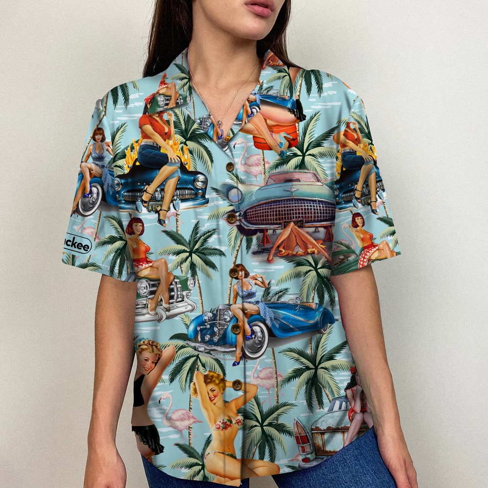 litzzy Classic Car Pinup Girl Shirt and Beach Shorts - Gift For Car Lovers Hawaiian Shirt For Men, Woman, Litzzy Aloha Shirt Hawaii Shirt   