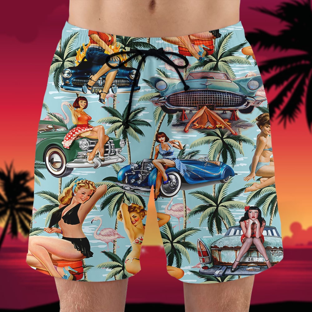 litzzy Classic Car Pinup Girl Shirt and Beach Shorts - Gift For Car Lovers Hawaiian Shirt For Men, Woman, Litzzy Aloha Shirt Hawaii Shirt   