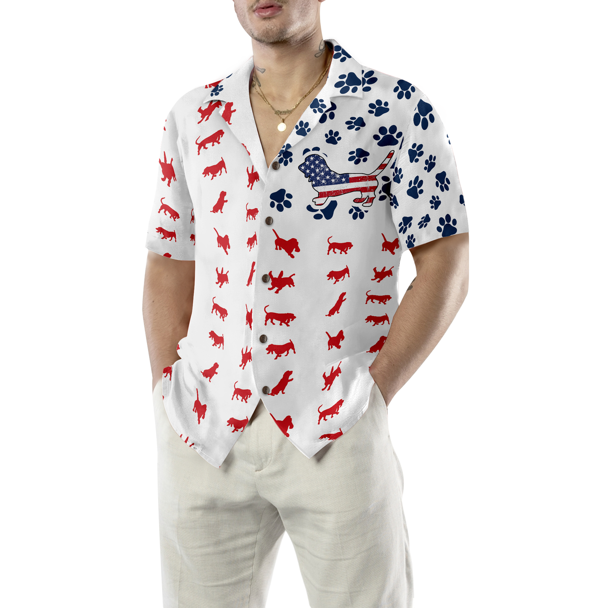 litzzy Basset Hound Hawaiian Shirt, Basset Hound American Flag Aloha Shirt For Men, Women - Perfect Gift For Basset Hound Lover, dog hawaiian shirt Hawaii Shirt   