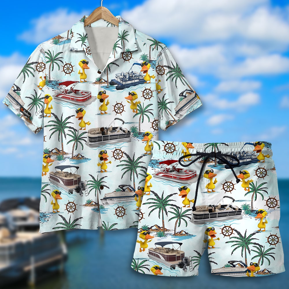 litzzy Pontoon Duck Hawaiian Shirt & Men Beach Shorts - Palm Tree Pattern Hawaiian Shirt For Men, Woman, Litzzy Aloha Shirt Hawaiian Shirt   