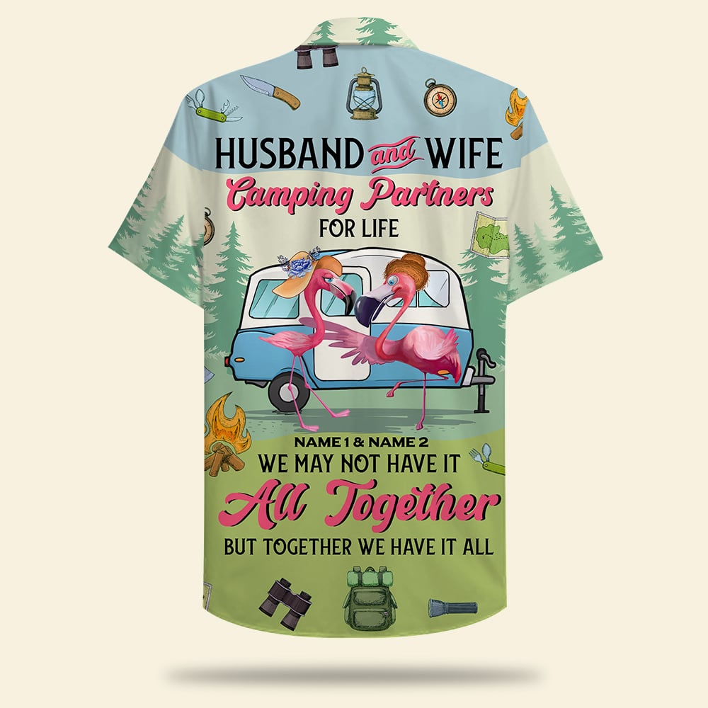 litzzy Personalized Camping Couple Hawaiian Shirt - Flamingo Husband and Wife, Camping Partners For Life Hawaiian Shirt For Men, Woman, Litzzy Aloha Shirt Hawaii Shirt   