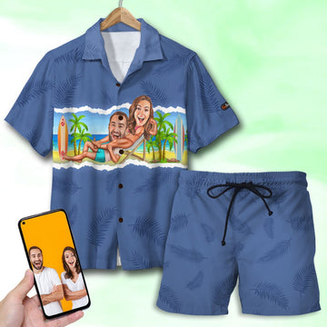litzzy Couple And Beach Background - Custom Photo Hawaiian Shirt, Aloha Shirt and Men Beach Shorts Hawaiian Shirt For Men, Woman, Litzzy Aloha Shirt Hawaii Shirt   
