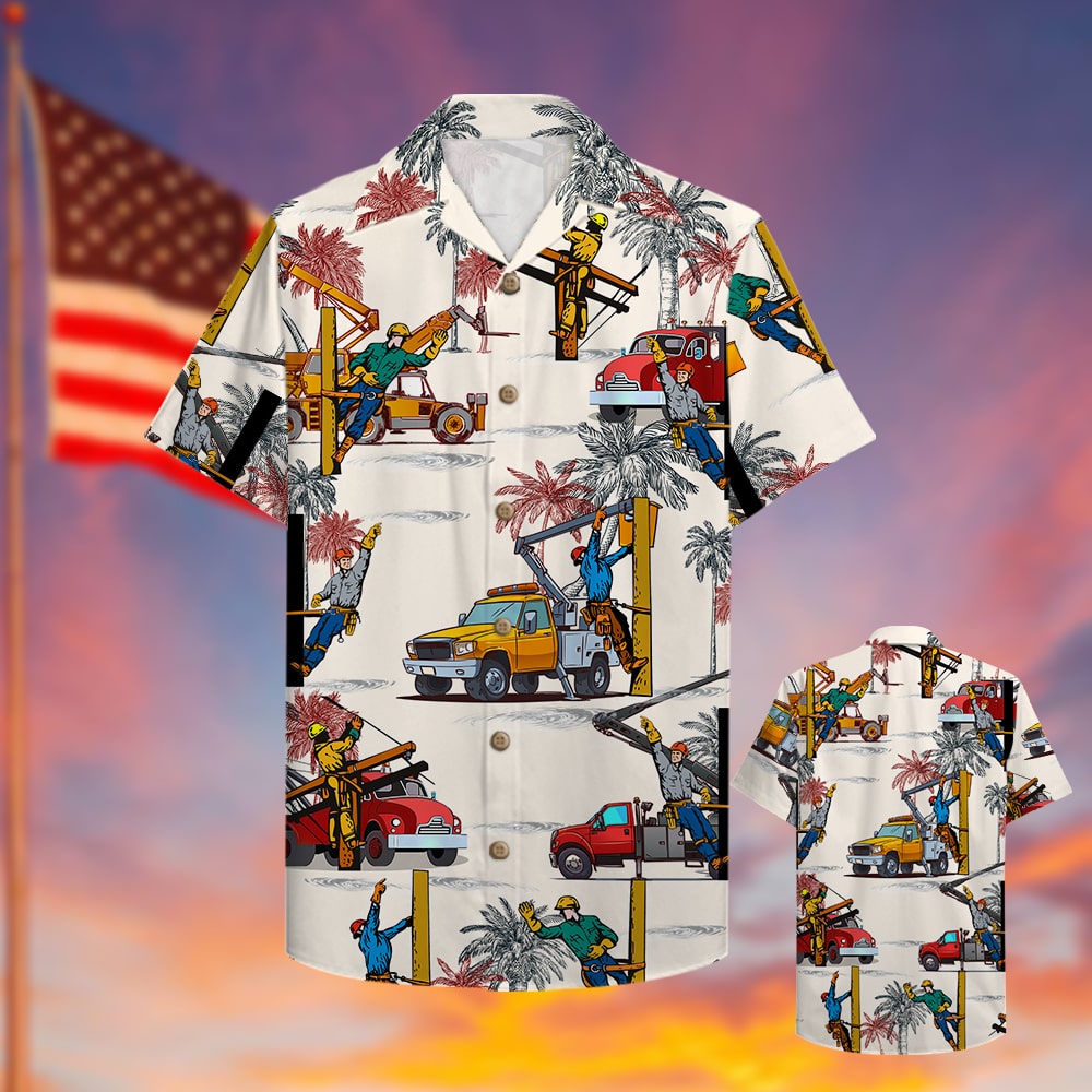 litzzy Lineman Hawaiian Shirt, Aloha Shirt with bucket truck pattern Hawaiian Shirt For Men, Woman, Litzzy Aloha Shirt Hawaiian Shirt   