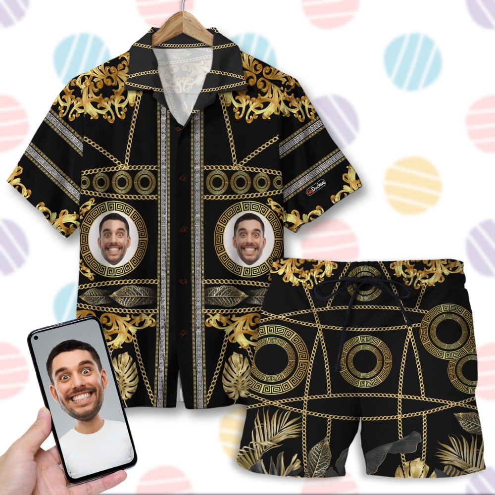 litzzy Golden Pattern with Custom Face Image ,Personalized Hawaiian Shirt and Men Beach Shorts, Summer Gifts Hawaiian Shirt For Men, Woman, Litzzy Aloha Shirt Hawaii Shirt   