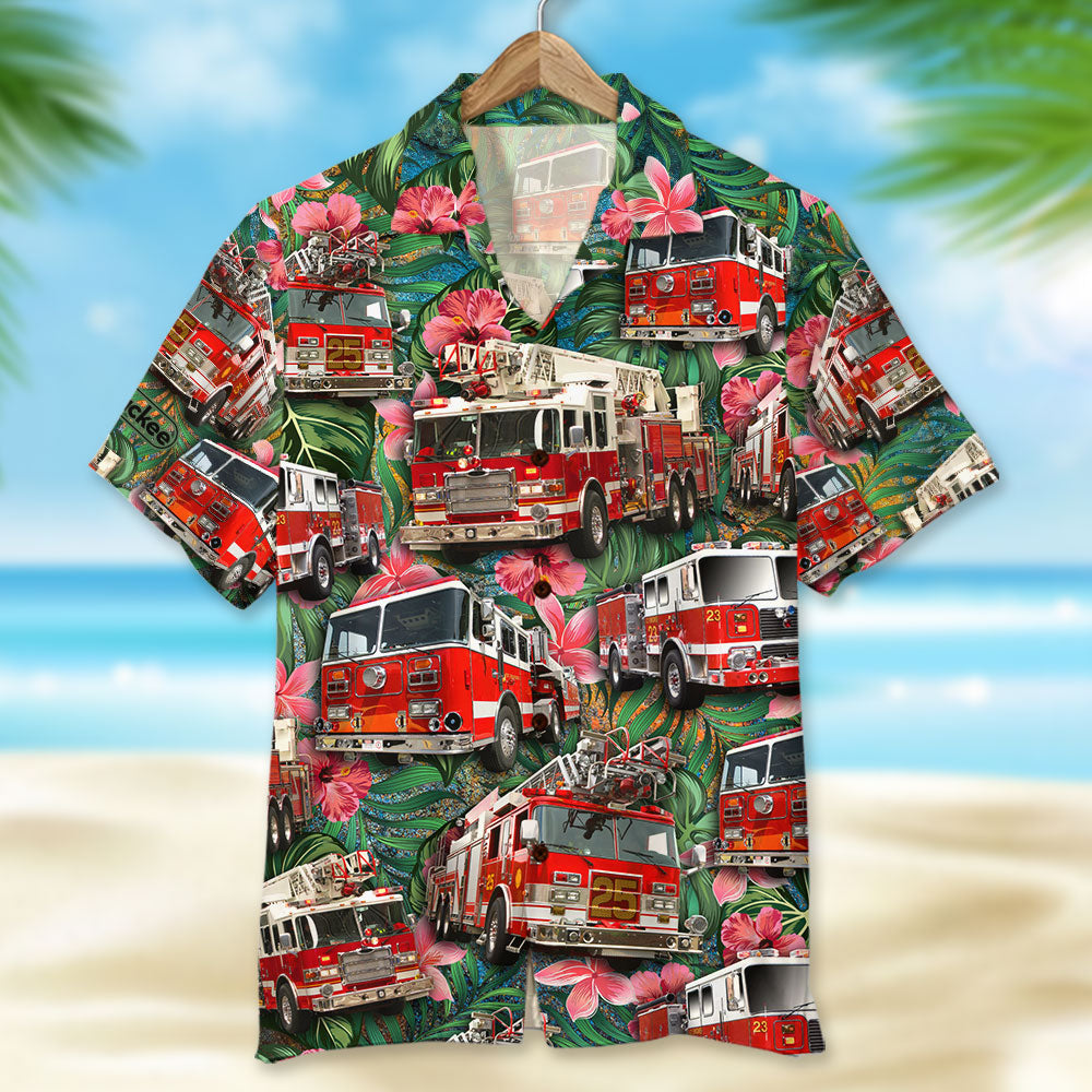 litzzy Fire Truck Hawaiian Shirt, Gift For Him, Gift For Fire Truck Lovers, Tropical Pattern Hawaiian Shirt For Men, Woman, Litzzy Aloha Shirt Hawaiian Shirt   