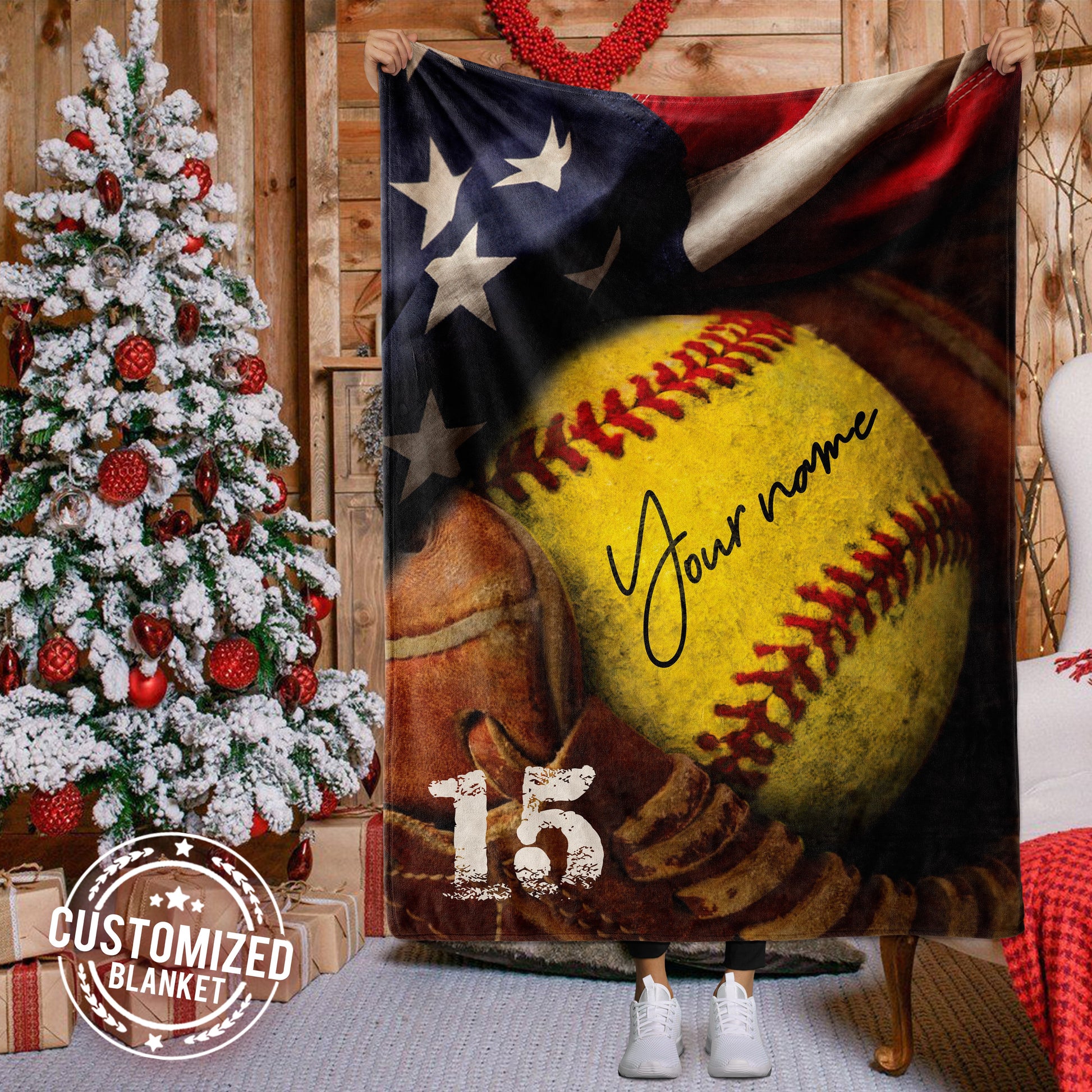 litzzy Personalized Softball Glove Corner Flag Fleece Blanket - Tlno1011203 Quilt Blanket 60x80  