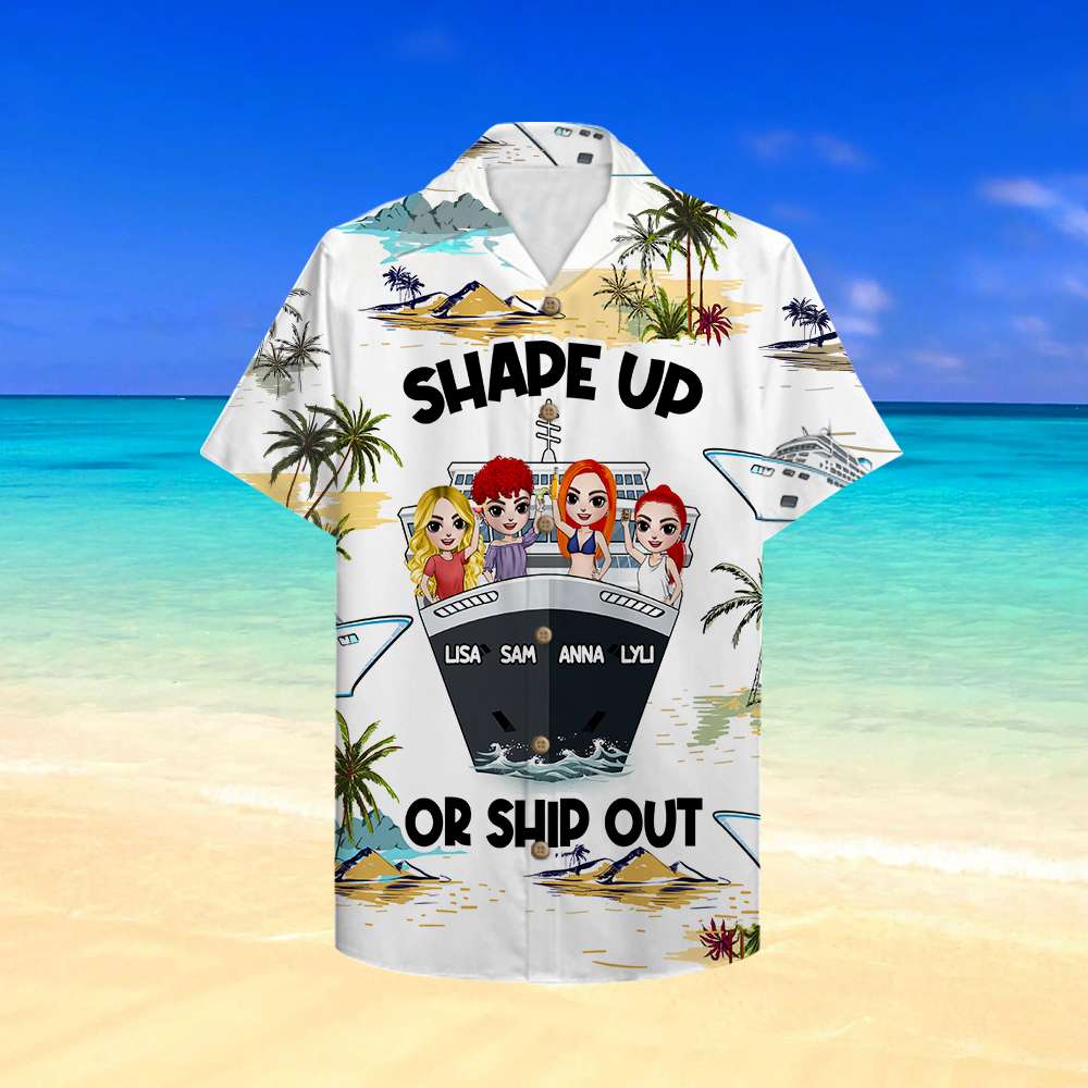 litzzy Personalized Cruising Friends Hawaiian Shirt - Shape Up Or Ship Out - Cruise & Palm Tree Pattern Hawaiian Shirt For Men, Woman, Litzzy Aloha Shirt Hawaiian Shirt   